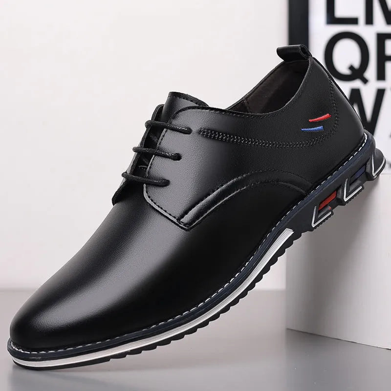 Black lightweight casual leather shoes with lace-up fastening, polyurethane upper, rubber sole, sizes 38-41