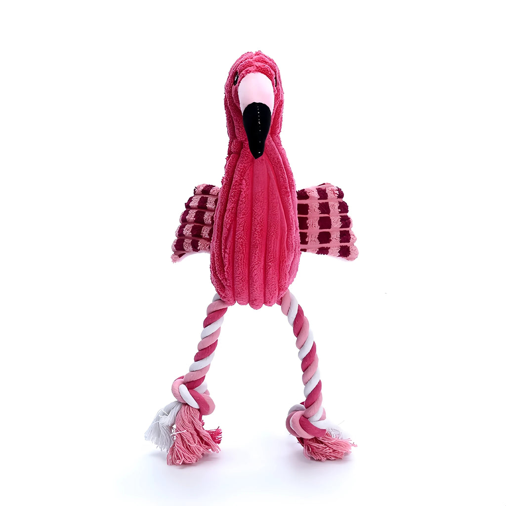 Pink corduroy animal-shaped squeaky dog toy with reinforced stitching