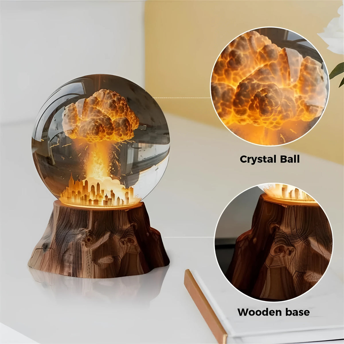 Atomic bomb explosion lamp with 3D mushroom cloud shape, 15 x 8cm hand-painted resin LED night light on a desk