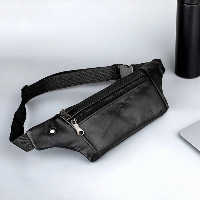 Genuine leather sports waist pack for men, black thin style, top grain leather, with leather pull tab, on white background
