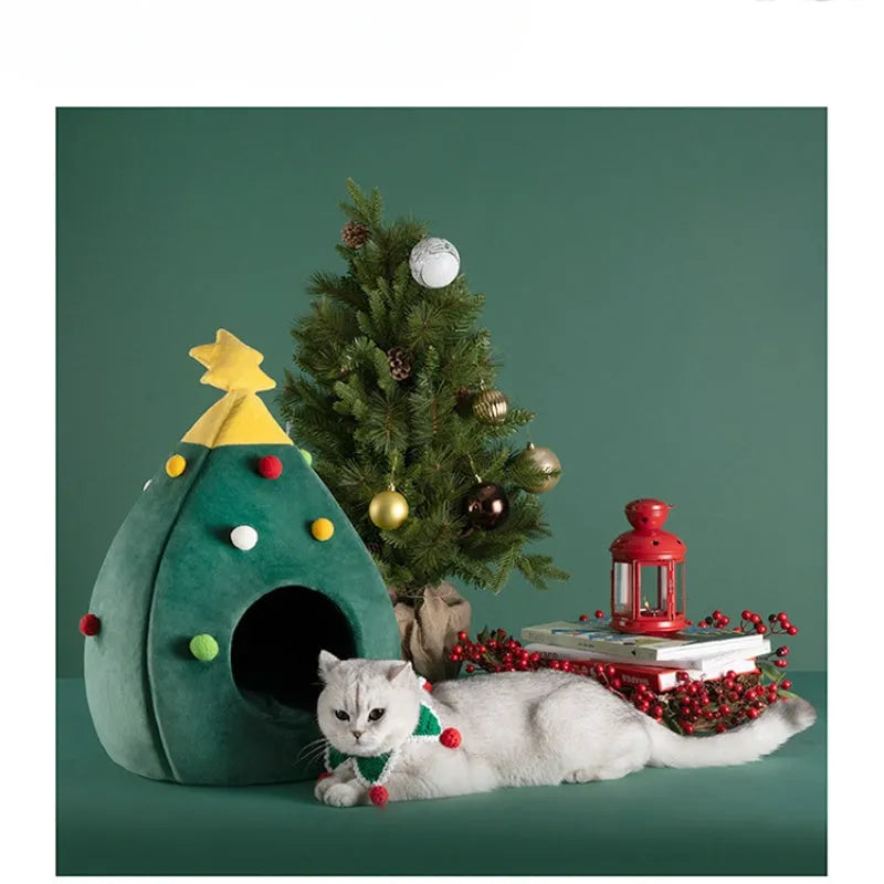 Christmas tree-shaped plush pet cave bed for cats and dogs with detachable cover