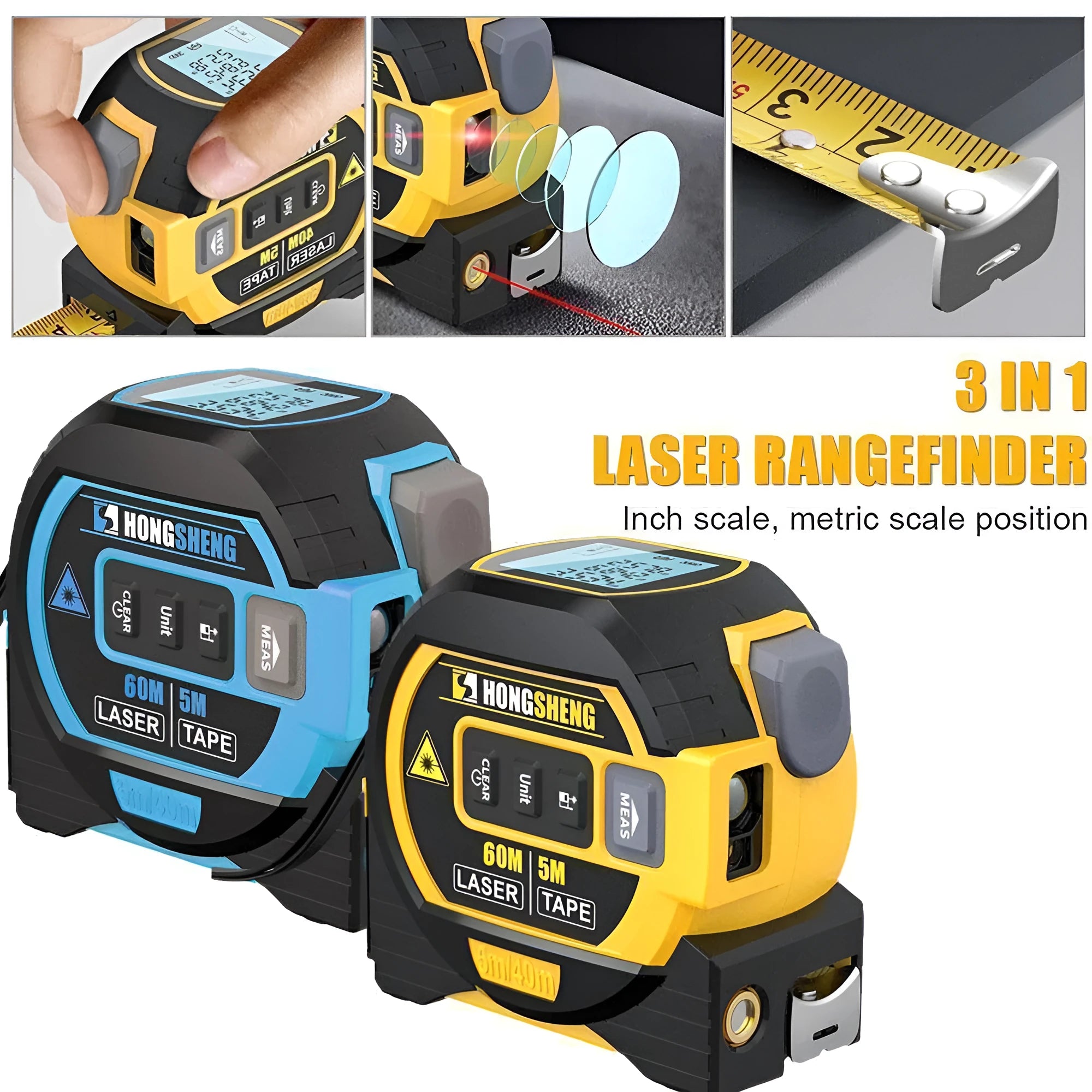 3-in-1 laser tape measure rangefinder with 5m tape ruler and laser cross in blue