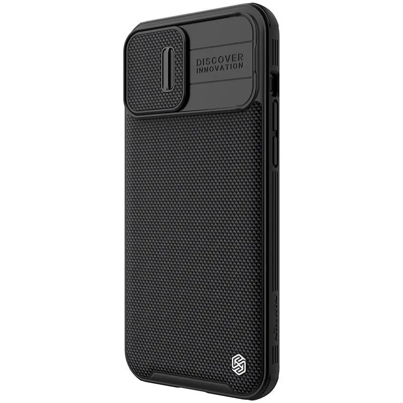 Black textured PC and TPU sliding back cover case for Apple iPhone 13 Pro Max on a white background.