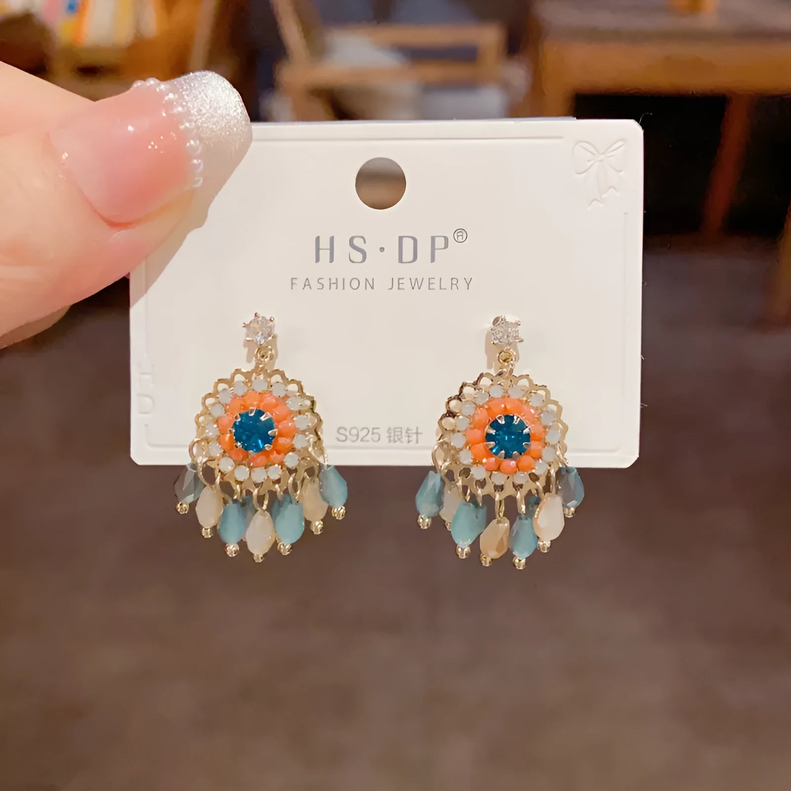 Purple diamond round crystal tassel earrings with thick gold-plated geometric design
