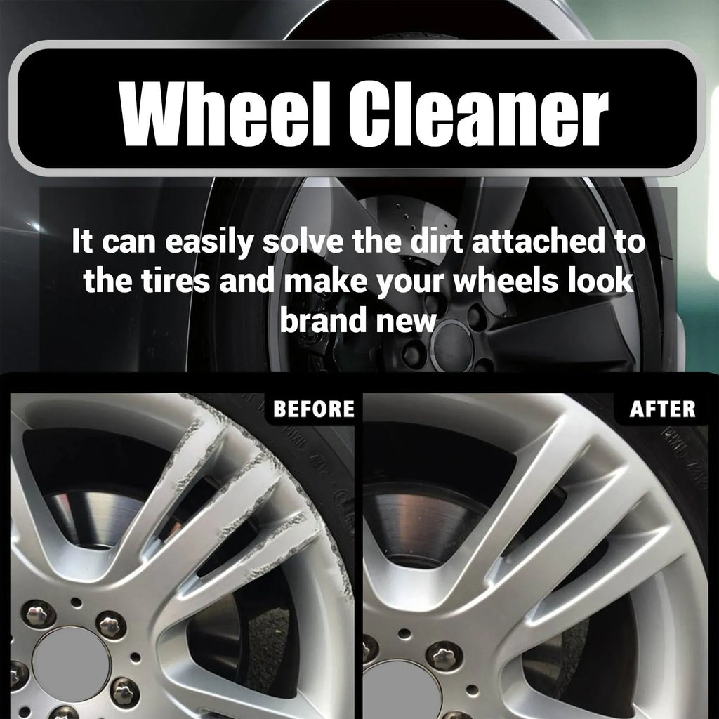 Car tyre cleaner kit with 450ml bottle and blue microfibre cloth for cleaning wheel hubs and alloys.