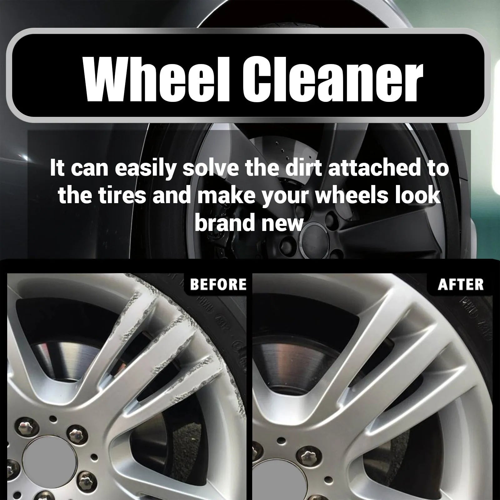 Car tyre cleaner kit with 450ml bottle and blue microfibre cloth for cleaning wheel hubs and alloys.