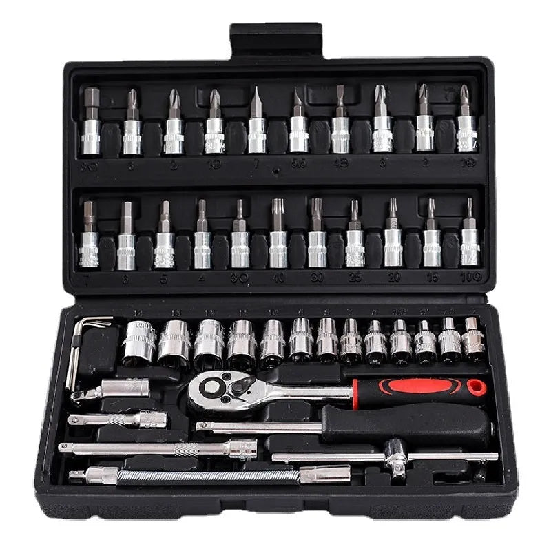 46-piece chrome vanadium steel socket wrench set with nickel-plated sockets and ratchets.
