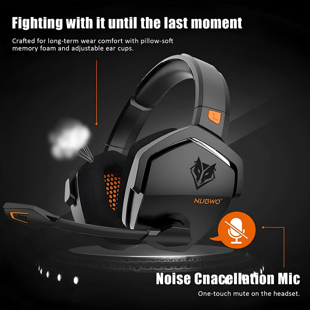 Black orange wireless gaming headset with hybrid 2.4GHz and Bluetooth connectivity and head-mounted design