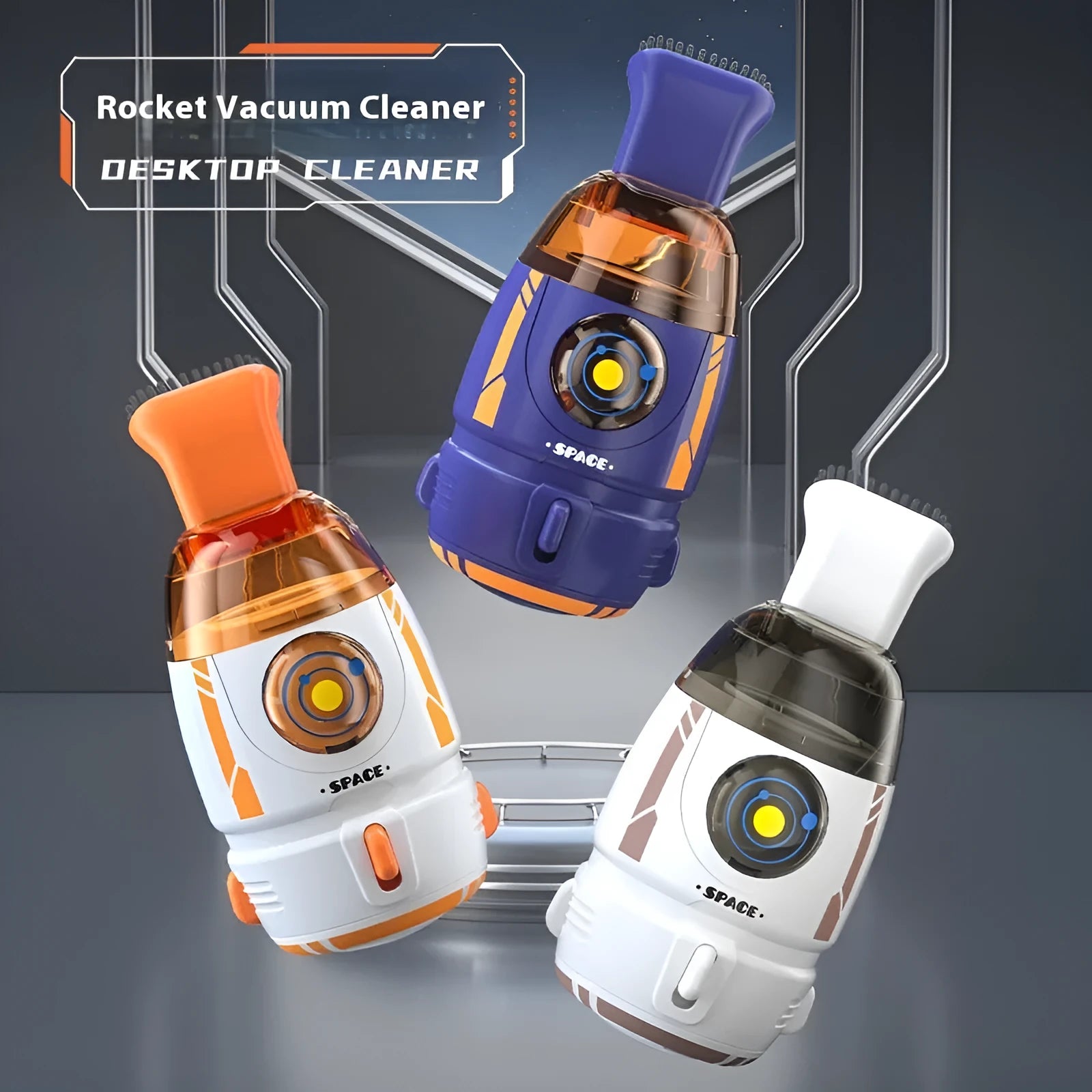USB-powered handheld desktop vacuum cleaner in rocket design showing blue colour option.