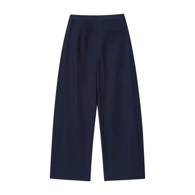 Women's linen-look polyester blend suit set with flounced sleeve shirt and wide leg trousers.