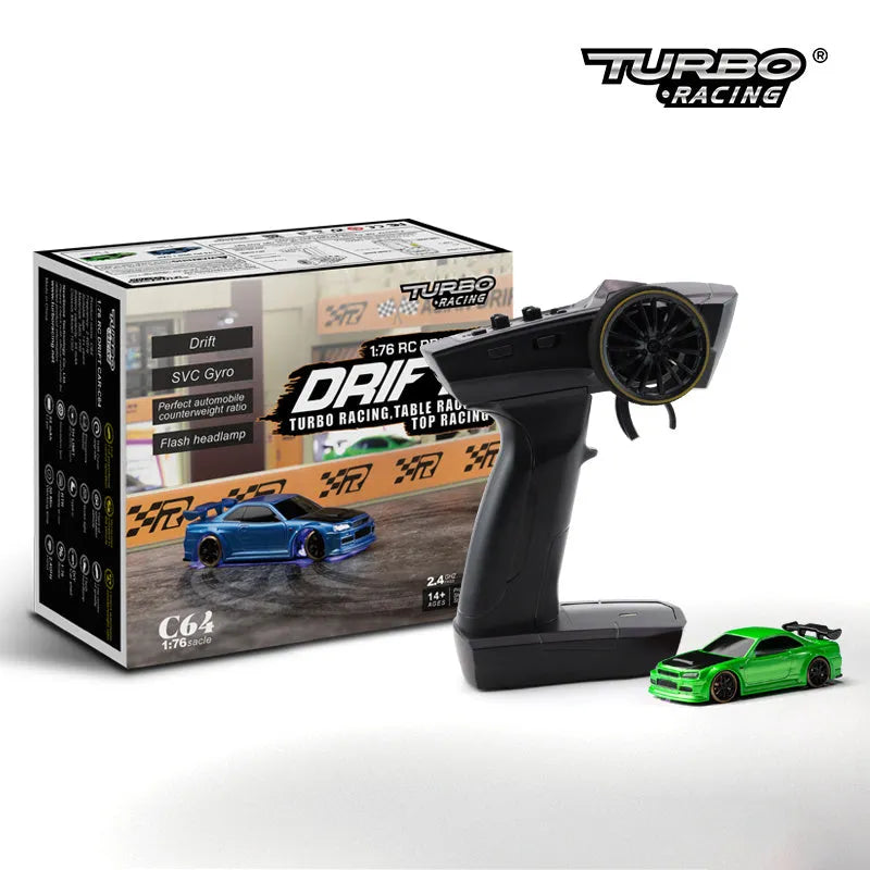 Blue and green Turbo Racing C64 remote control drift cars with handle-style remote controllers