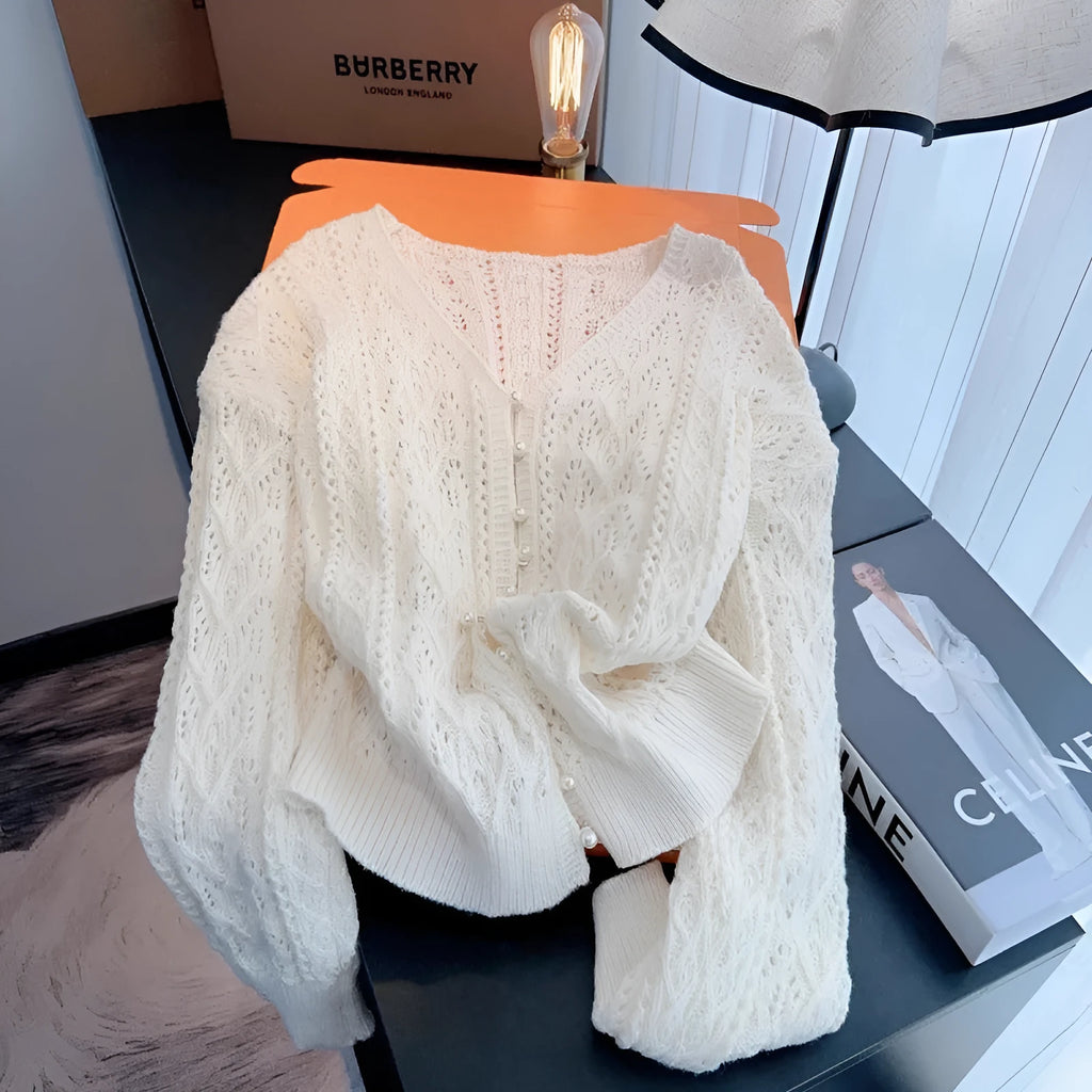 Blue V-neck loose thin cardigan top with flying sleeves and hollow detail, acrylic knit, sizes S to 2XL.