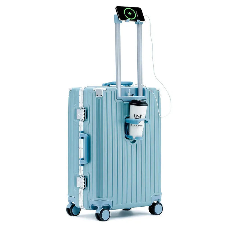 Aluminium frame hard shell ABS PC suitcase in avocado green with universal wheels.