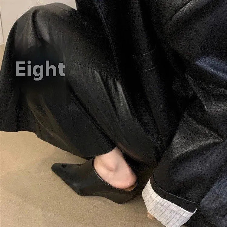 Women's black wind wedge closed toe half slippers made of PU material.
