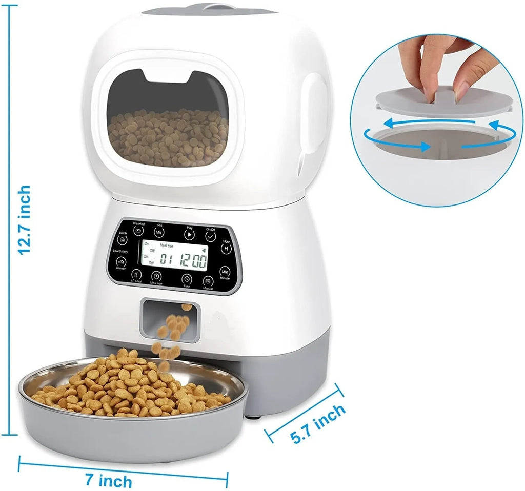 White ABS plastic pet automatic feeder with fixed point manual feeding on a countertop