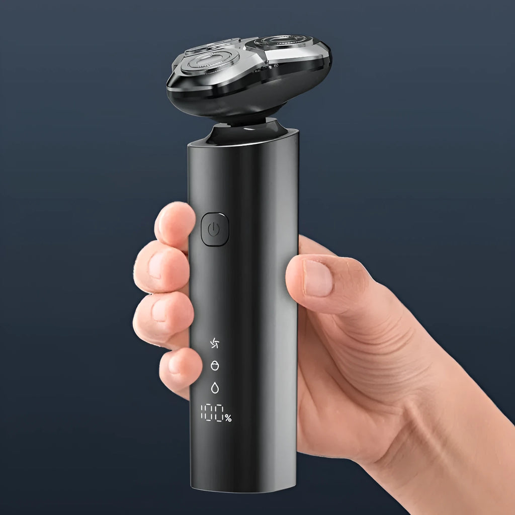 LED electric washing three-head shaver with digital display, rechargeable battery, and cleaning brush