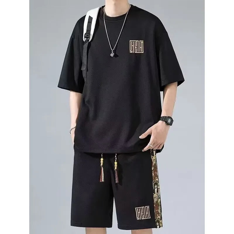 Waffle embroidery two-piece set with short sleeve top and shorts in thin polyester, sports style, black white green apricot