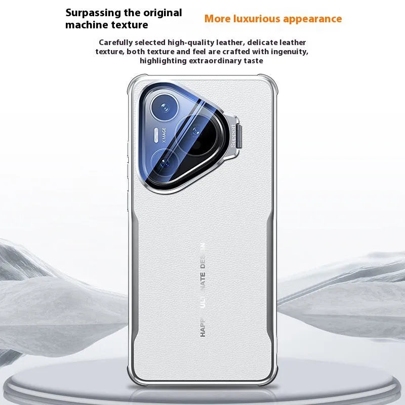 Black leather phone case for Huawei Pura with a folded-out metal stand bracket.