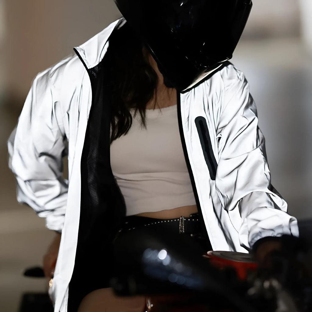 Silver men's waterproof polyester long-sleeved coat on a hanger.