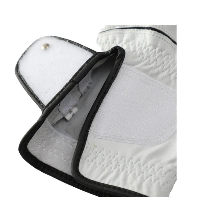 A single white men's golf glove with a half sheepskin palm, shown flat.