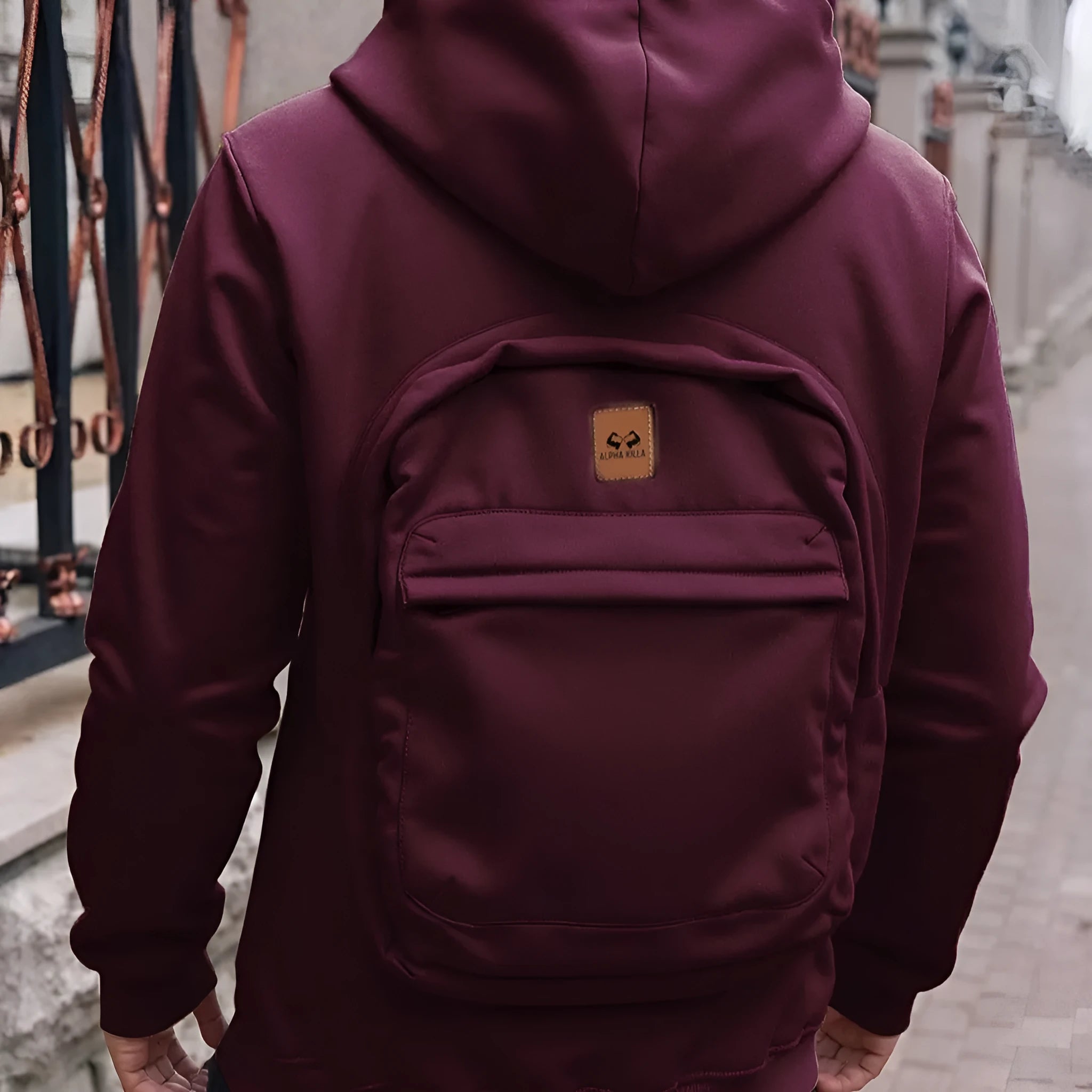 Casual loose-fitting hoodie cardigan back schoolbag sweater for men in light gray with stick pocket