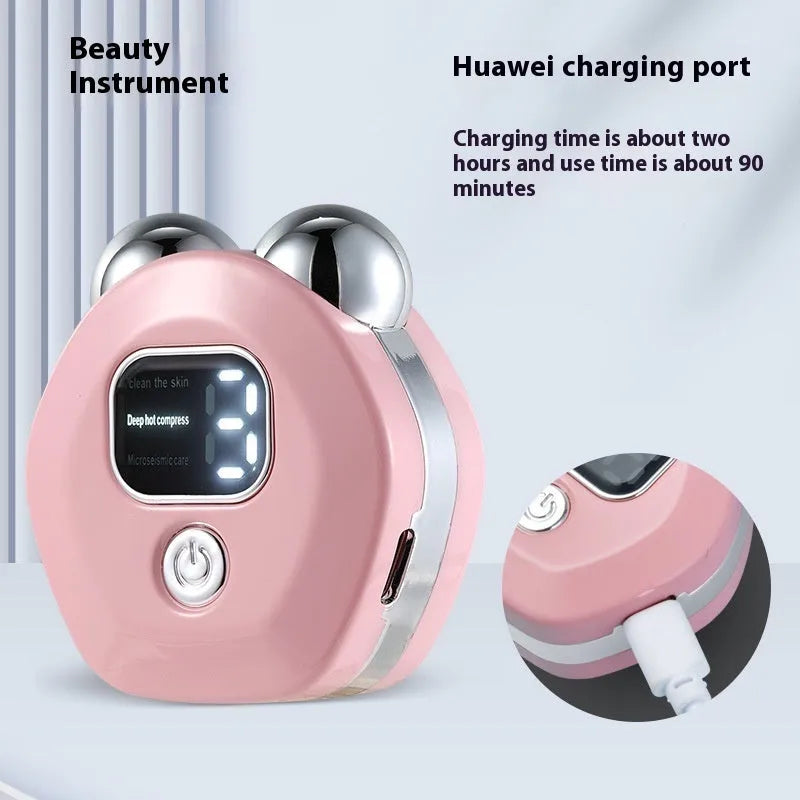 Portable white facial massage instrument with double-roller head and charging cable.