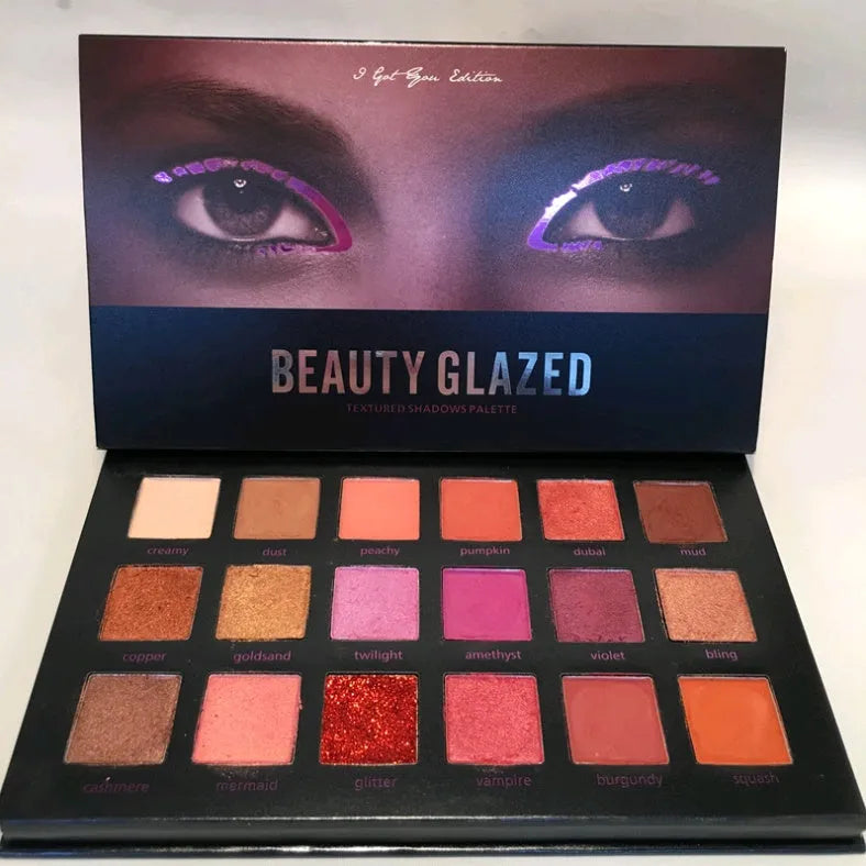 Beauty Glazed 18-colour eyeshadow palette with assorted eyeshadow pans in plastic case