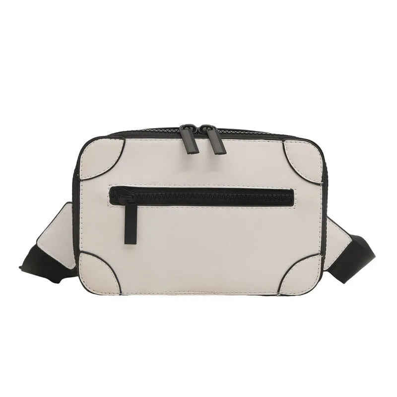 Small square women's crossbody bag in PU leather, shown in street-trend style with a single strap.