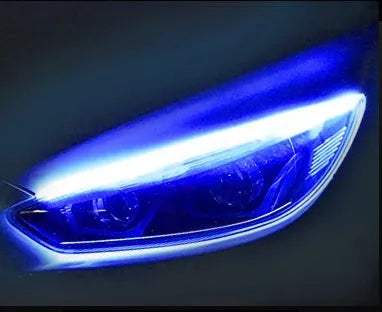Flexible silicone car LED light strip for daytime running lights and animated turn signals.