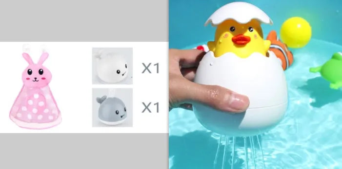 Whale-shaped electric bath toy spraying water with flashing lights, floating in baby bathtub