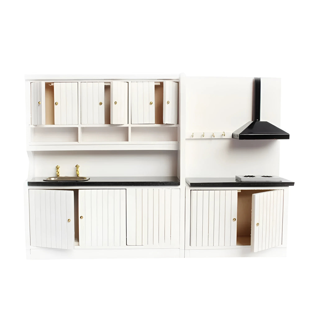 Two-piece white dollhouse kitchen cabinets with working doors and metal handles