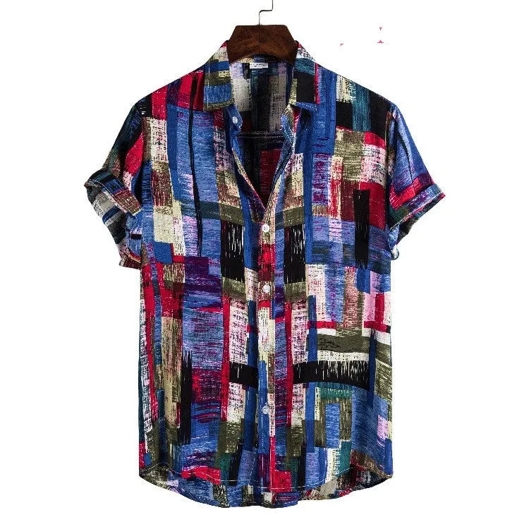 Cotton men's summer cardigan with printed pattern, short sleeves, and lapel collar in multiple colours