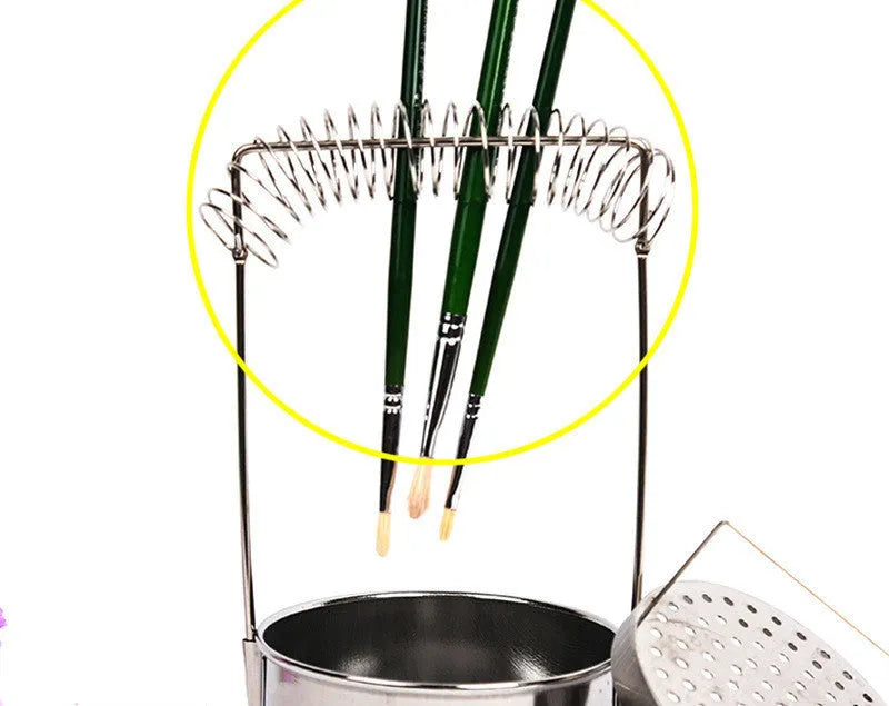 Silver stainless steel oil painting pen washer with spring clamp and removable drainage plugs.