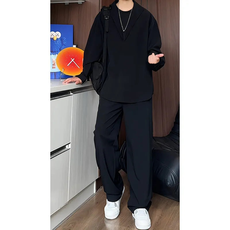 Men's black casual two-piece suit with long sleeve polo shirt and trousers in slim fit design