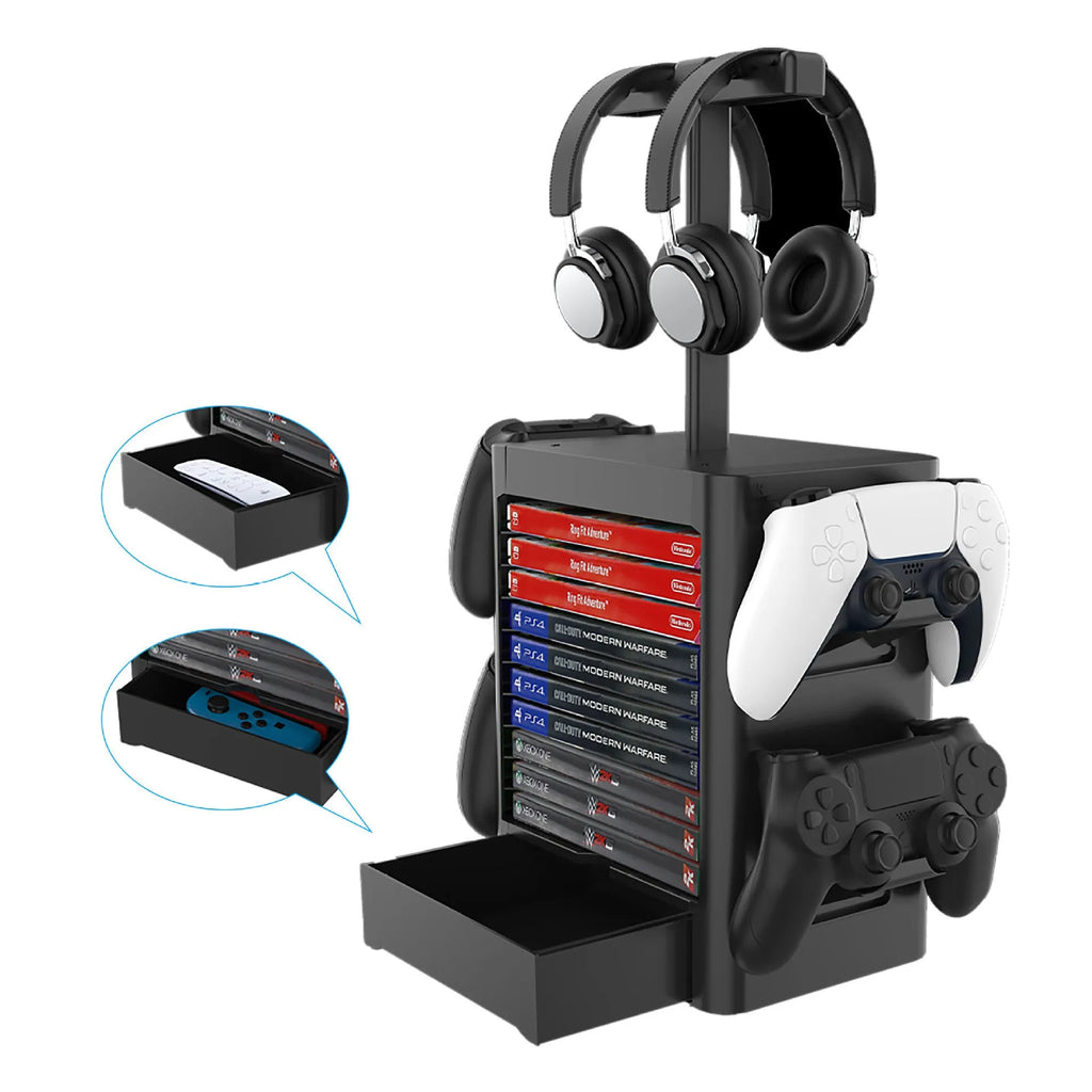 Black ABS plastic game controller and headphone storage rack with side hooks and a drawer.