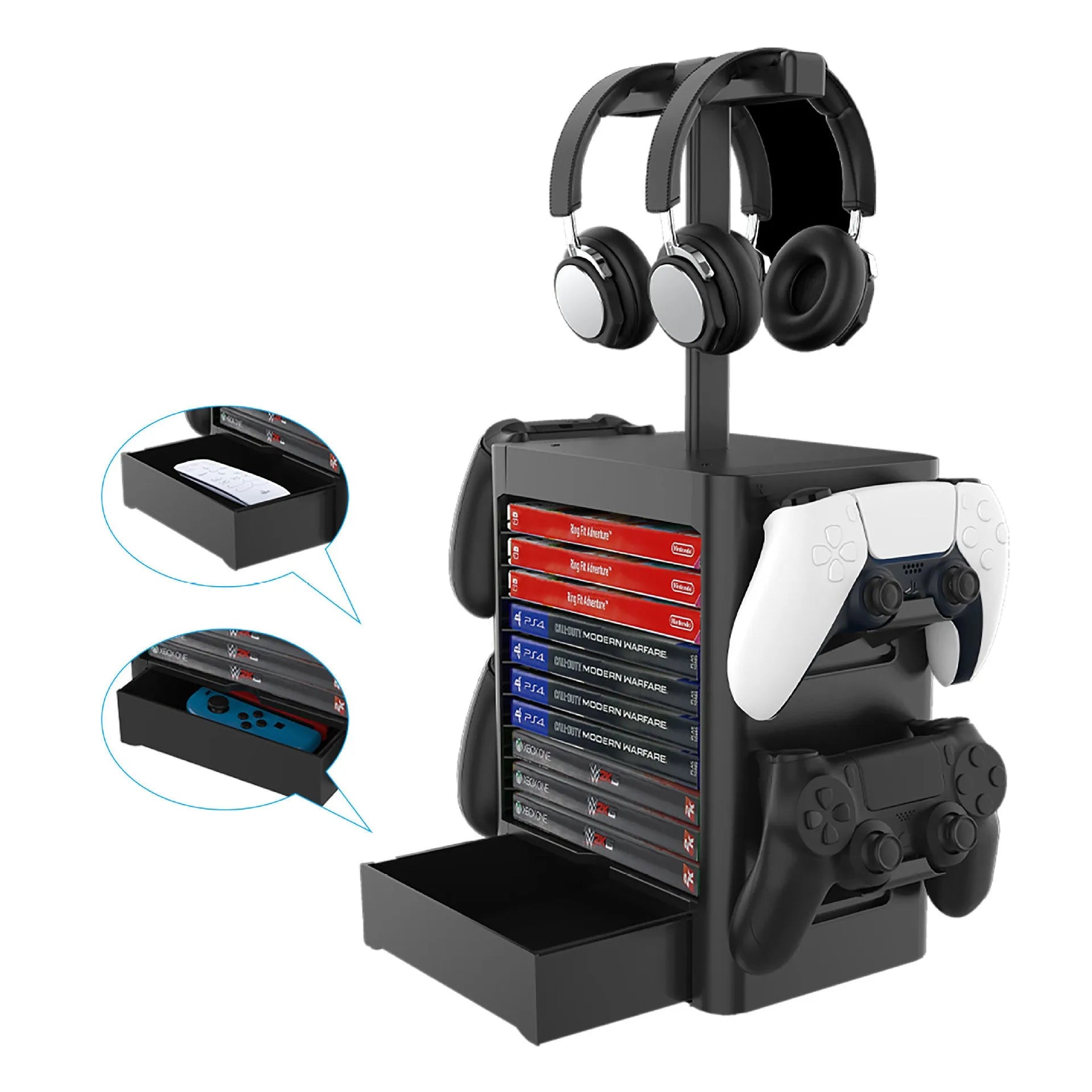 Black ABS plastic game controller and headphone storage rack with side hooks and a drawer.