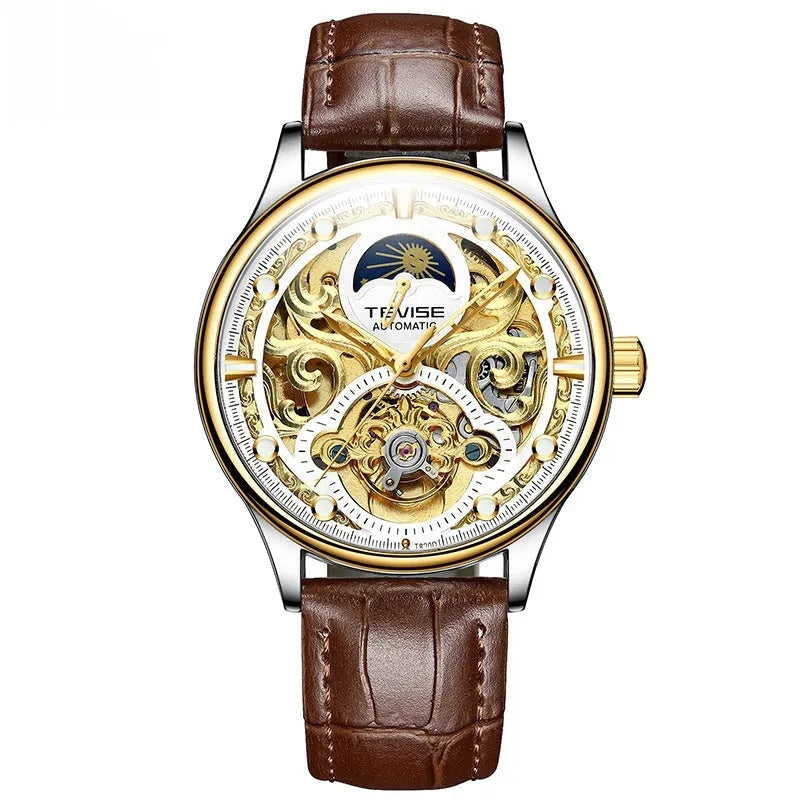 Men's gold and white leather strap automatic mechanical watch with 16mm case.