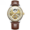 Men's gold and white leather strap automatic mechanical watch with 16mm case.