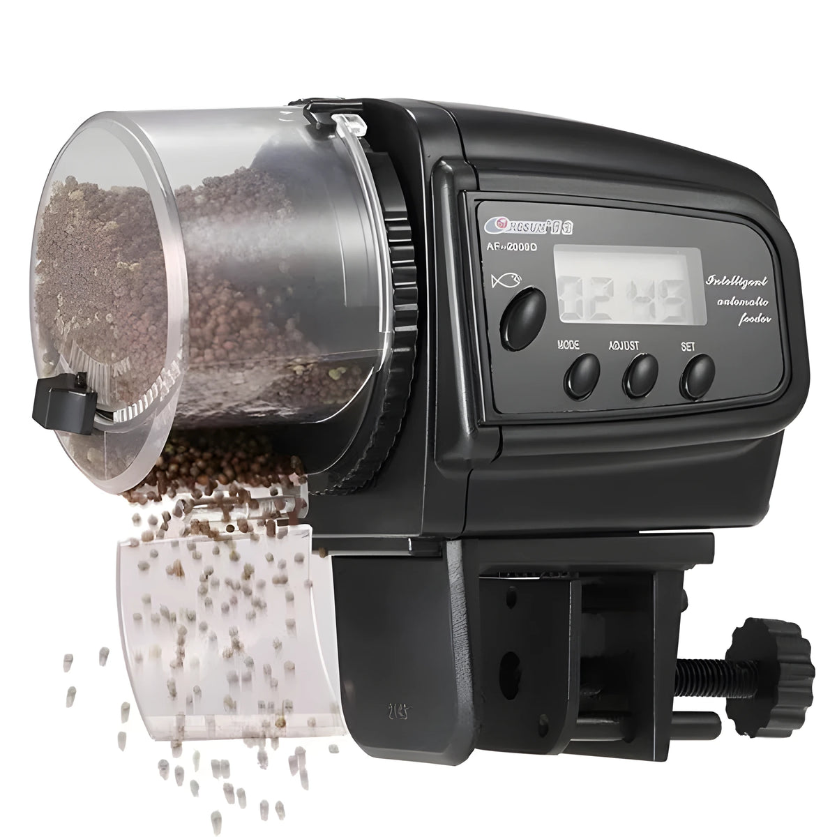 Black plastic digital automatic aquarium fish feeder, 110 x 100 x 68mm, with timer and battery compartment