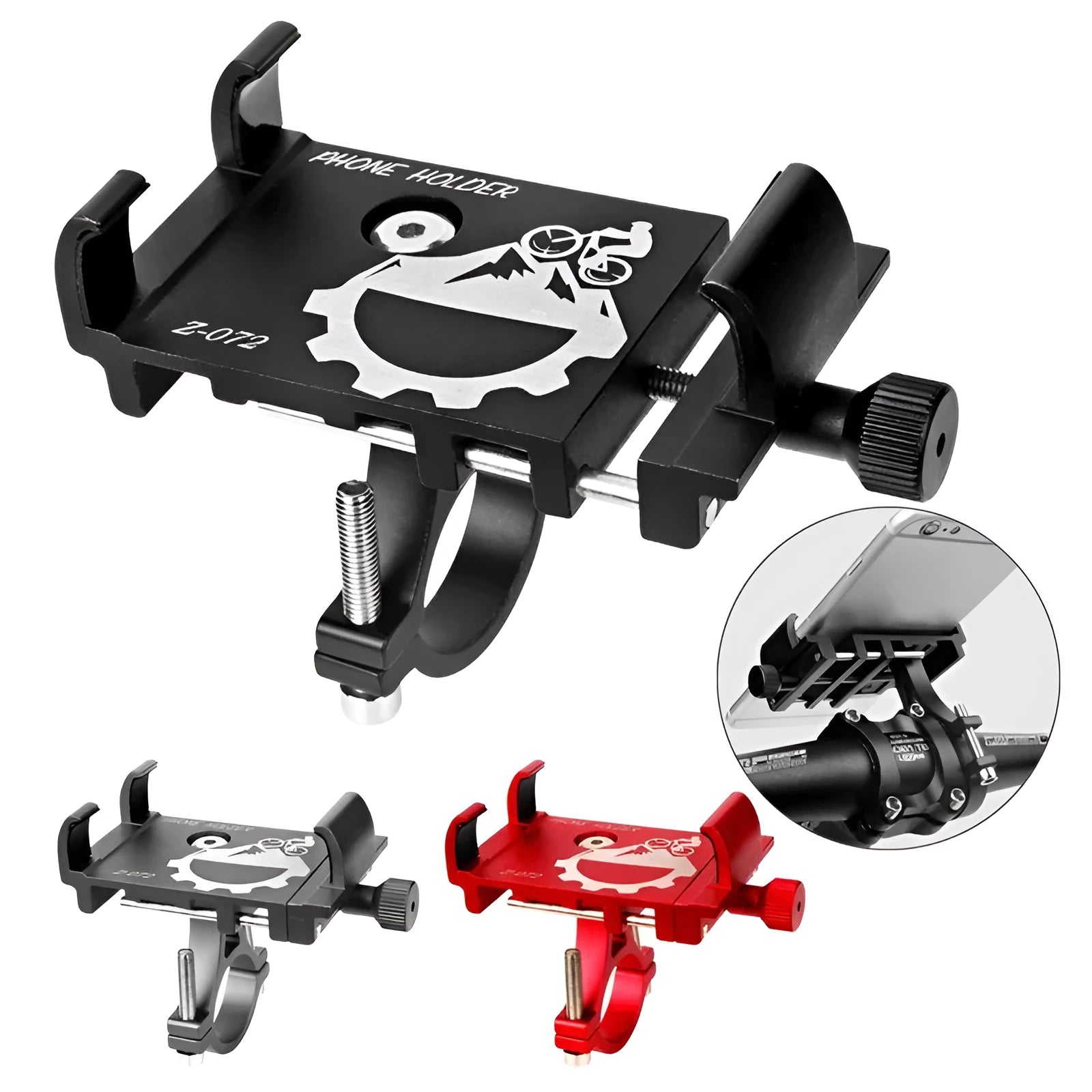 Aluminum shockproof phone holder for outdoor cycling in black, red, grey, and titanium colour options