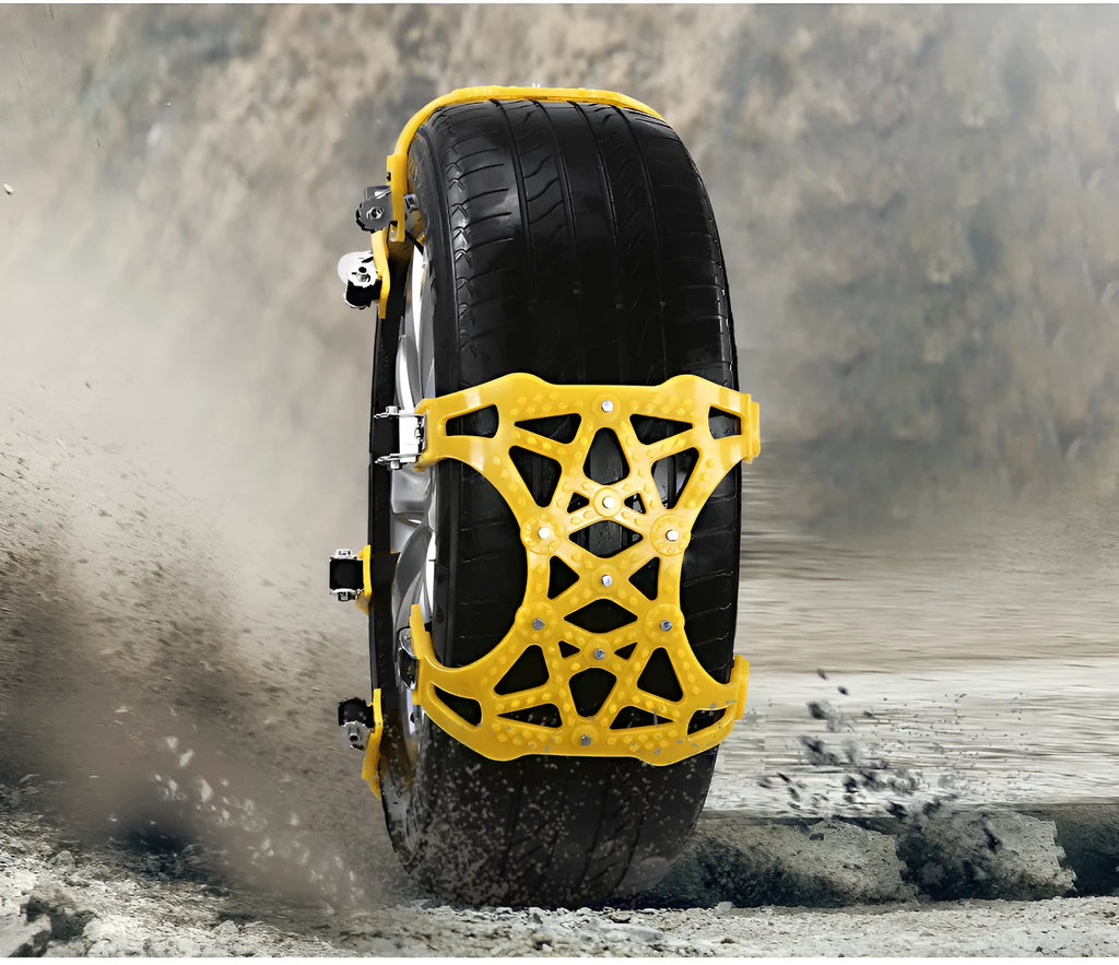 Yellow universal snow chain made from widened thickened TPU with steel nails for non-slip winter traction