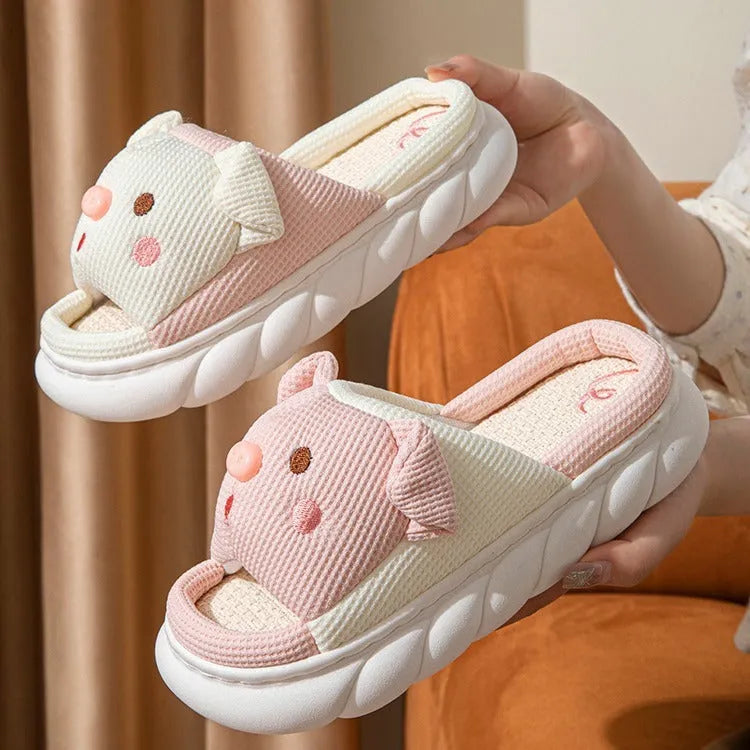 Piggy Cute Couple open-toe linen slippers in various colours, showing sewn PVC sole.