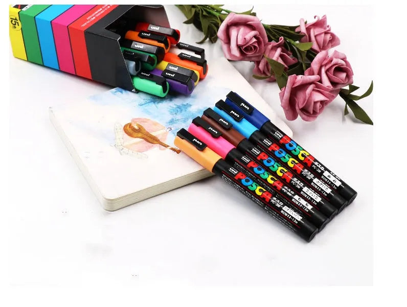 Acrylic marker pen set with 0.9mm nibs in plastic casing, showing colour options from 8 to 24 pens