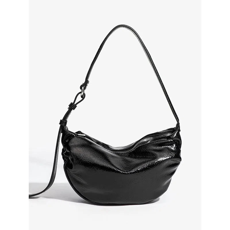 Black PU pleated shoulder bag rock-and-roll style with dumpling shape and outer pocket