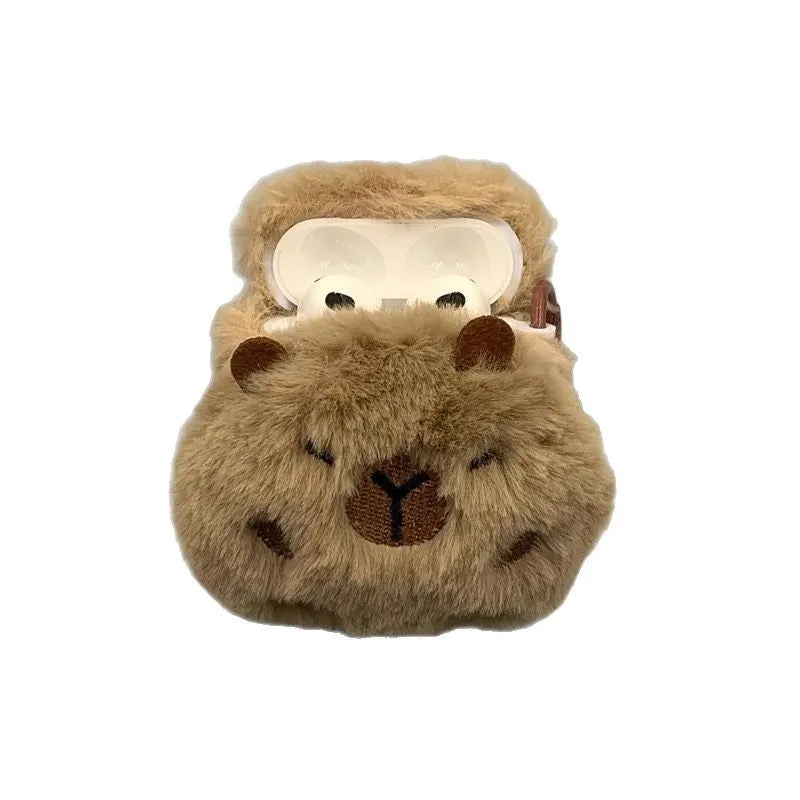 Three-dimensional plush brown capybara earphone sleeve for Apple AirPods with embossed TPU cover