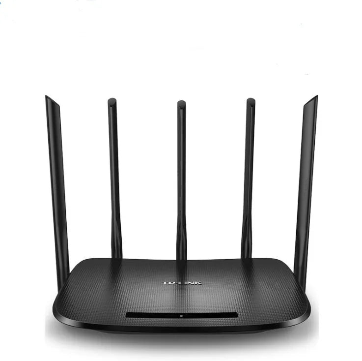 Black dual-band Gigabit wireless router with antenna and LED indicators on white surface
