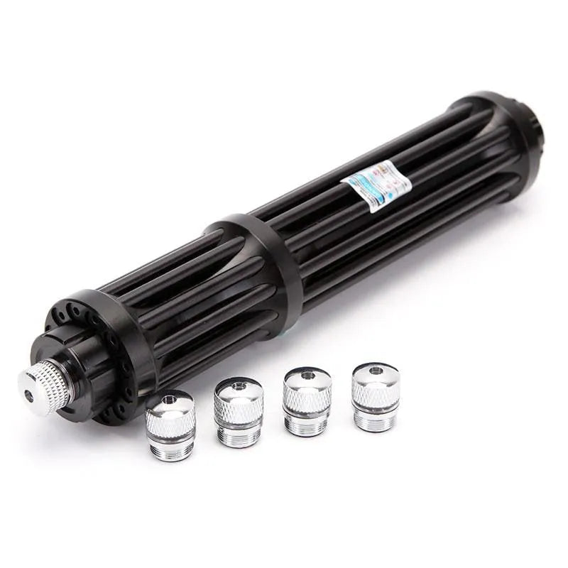 Black anodised aluminium tactical flashlight with blue laser pointer.