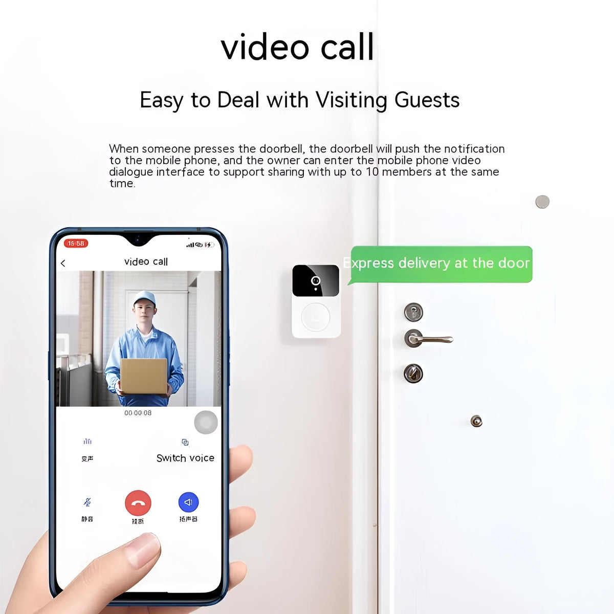 Wireless visual doorbell X9 set with USB-powered doorbell machine and separate ding dong chime in plastic