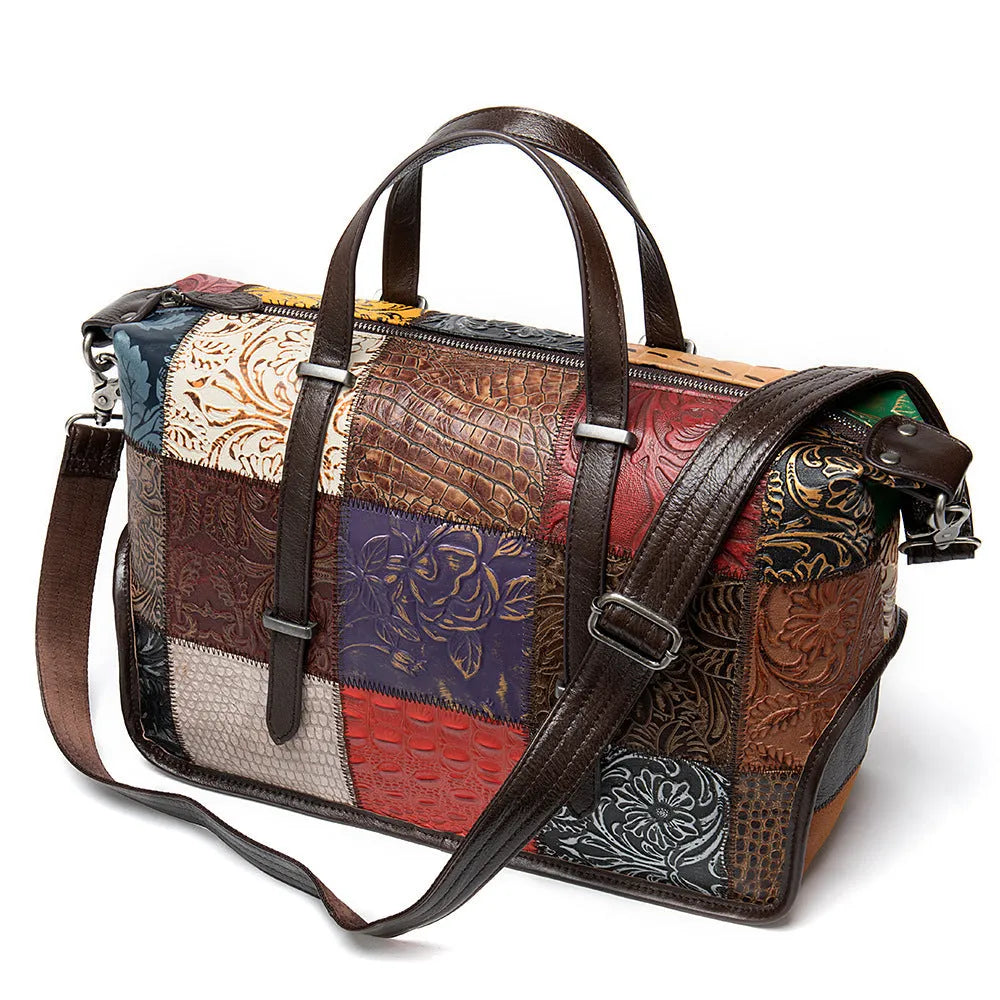 Cowhide leather women's handbag in multi-colour, 36cm long with zip closure and shoulder straps.