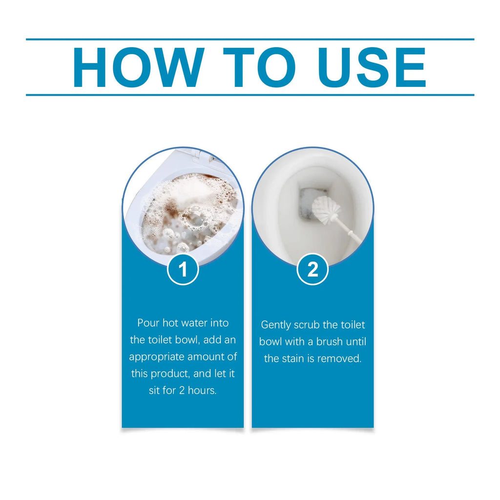 Four sachets of toilet cleaning powder showing 30g portions with sodium bicarbonate and citric acid ingredients
